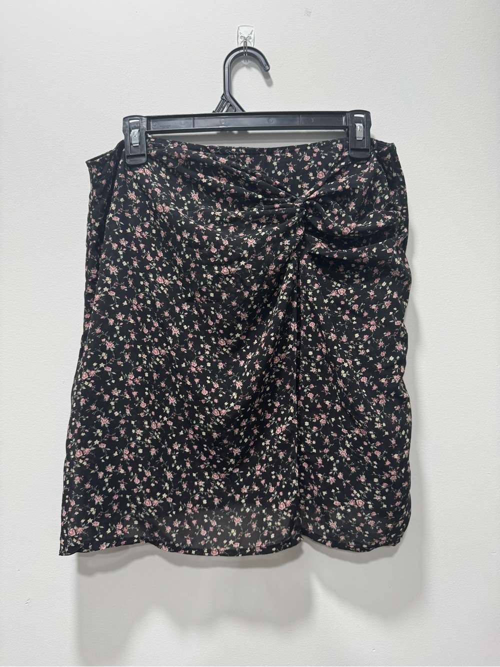 Blue Rain Black Mini Skirt with Pink Floral Print and Twist Detail